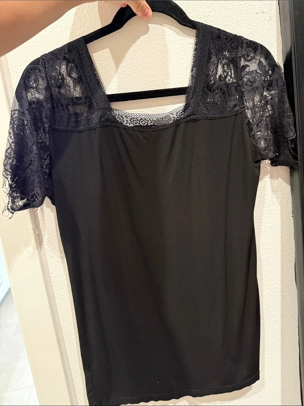 POL Black Lace-Trim V-Neck Top - Picture 2 of 2